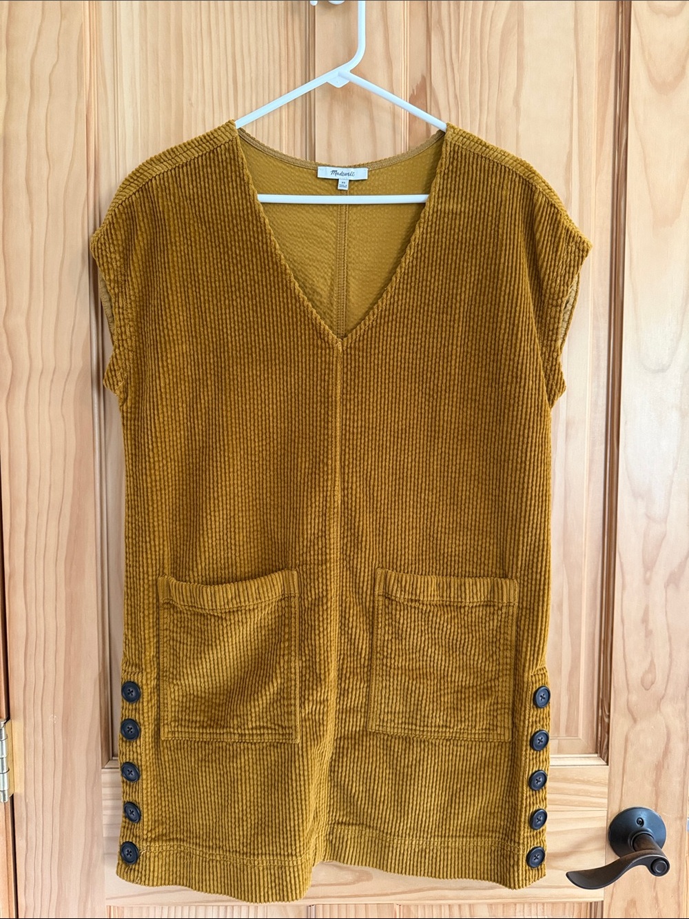 Madewell Mustard Corduroy V-Neck Shift Dress with Side Buttons